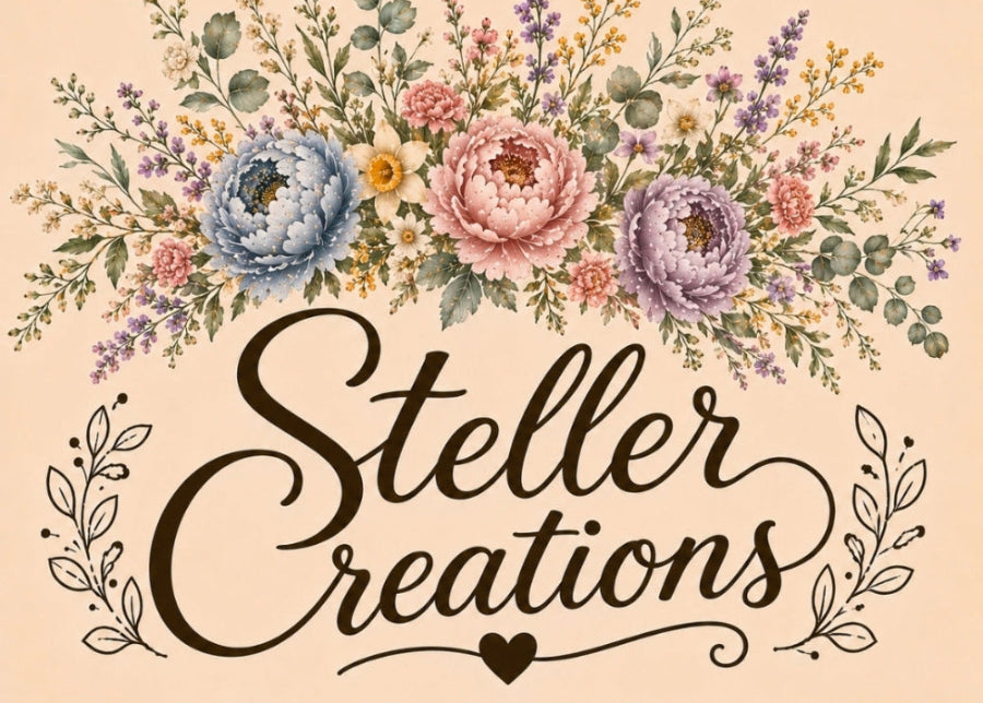 A decorative logo-style graphic on a warm beige background with a floral arrangement across the top and the words 'Steller Creations' in large black script. Smaller text below reads 'CREATED WITH LOVE, PACKED WITH JOY.